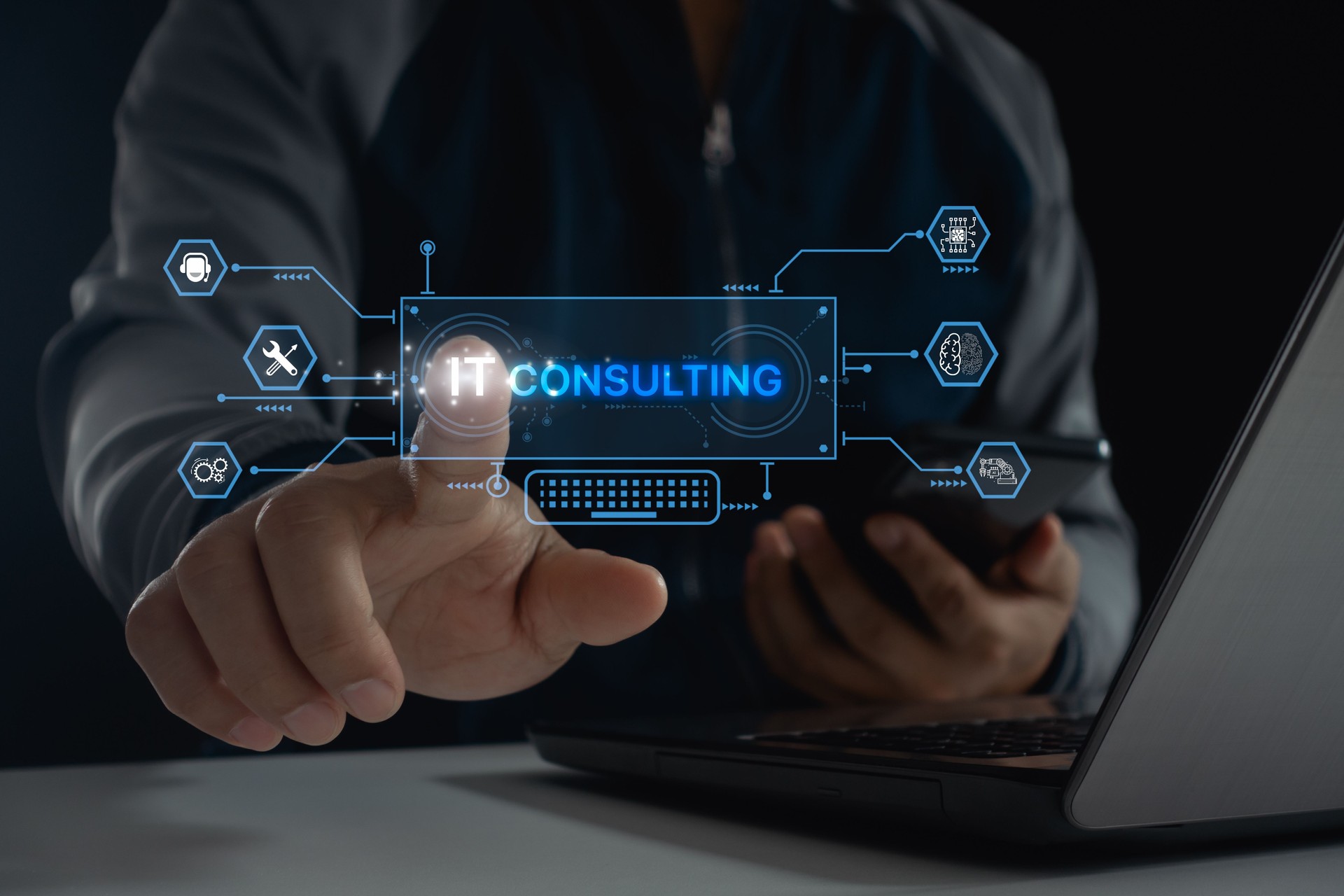 IT consulting present information technology with AI. Technical support operator is working on laptop computer with virtual screen. Help desk call center online. Business consultant assurance service.